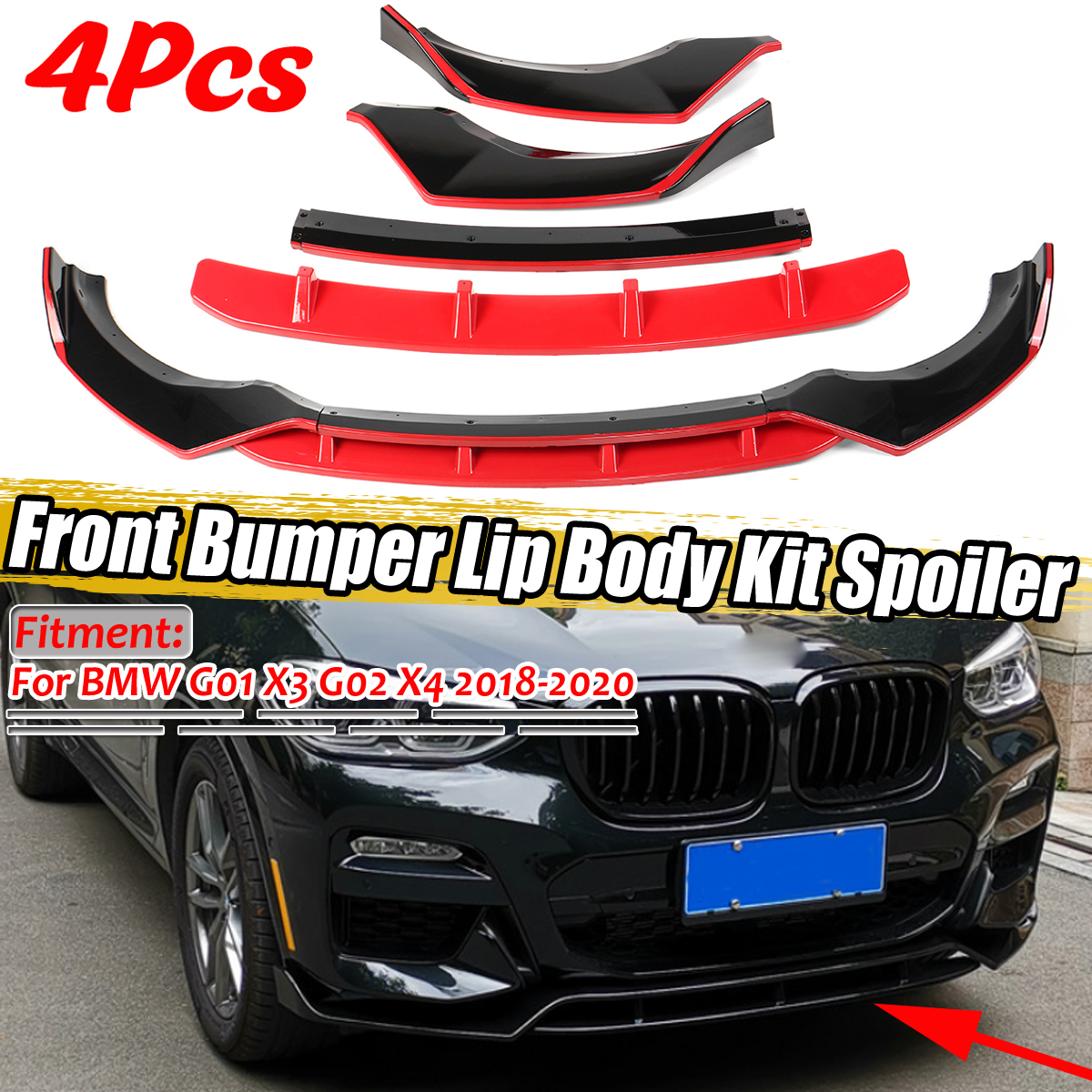 motor tool For BMW G01 X3 G02 X4 2018-2020 Black Red Front Bumper Lip Body Kit Splitter 4X. 