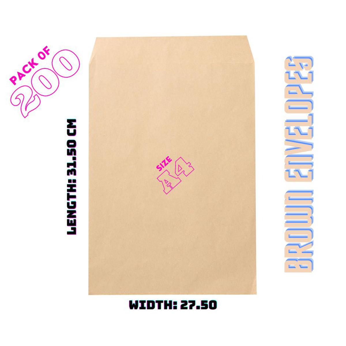 Brown Envelopes (Khaki Kham) Folding Pocket For Invitations Cards, Photos, Letters, Strong Bond Paper, by Better Office Products,  Great Option for Mailing, Storage and Organizing, Size A4 (Length 31.50cm X Width 27.50cm), Pack of 200 PCS
