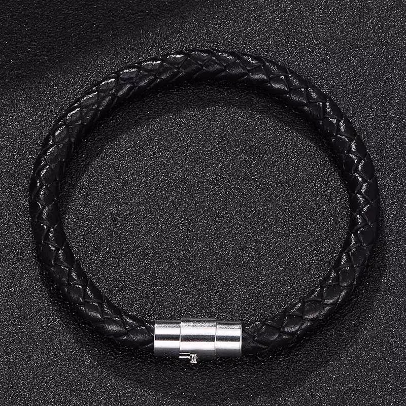 Men Black Leather Charm Wristband Stainless Steel Magnetic Clasp Bracelet. 