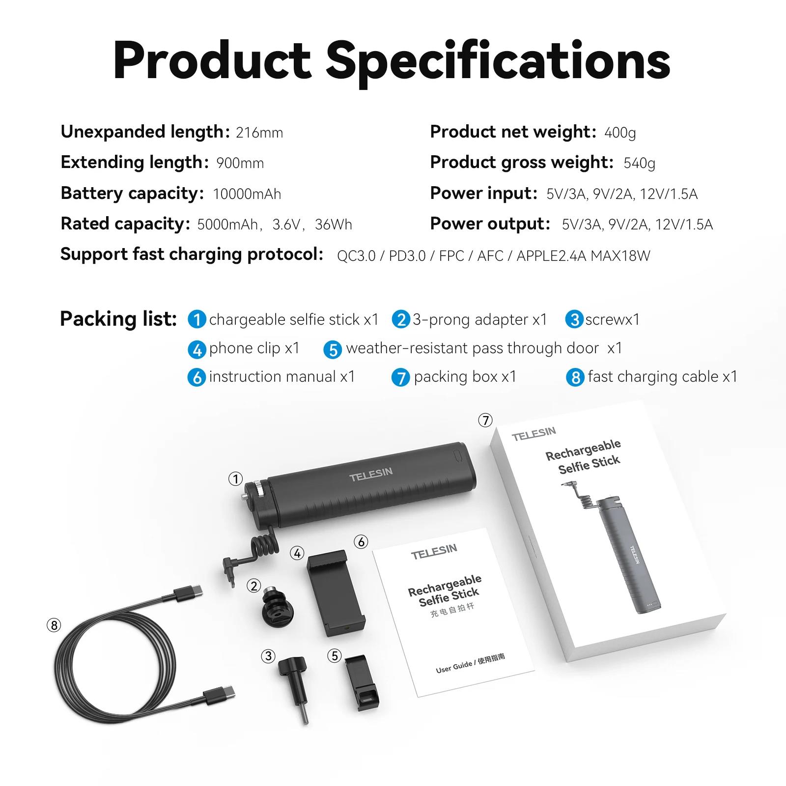 TELESIN Rechargeable Selfie Stick for Gopro Hero 13 12 11 10 9 DJI OSMO Action 4 3 Insta360 Phone High-Capacity Battery HandGrip. 