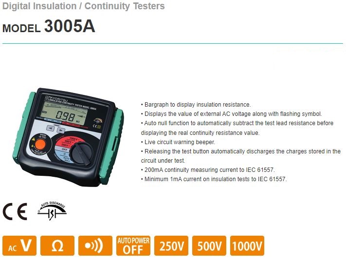 Kyoritsu 3005A Digital Insulation Continuity Testers Test voltage 250V/500V/1000V Model 3005A  - Kings Trading. 