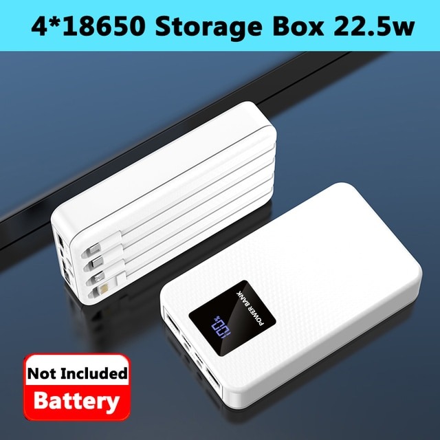 4 Cable Fast Power Bank Box Kit Flashlight USB Type C 18650 Battery Storage Box Charger 22.5W For Mobile Phone and others- Battery Not included (4 Battery Model). 