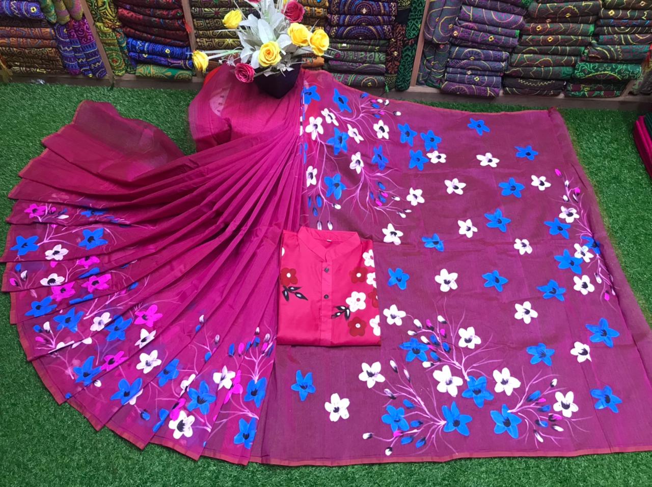 Couple set Half Silk Hand Print Saree and Panjabi For Men and Women