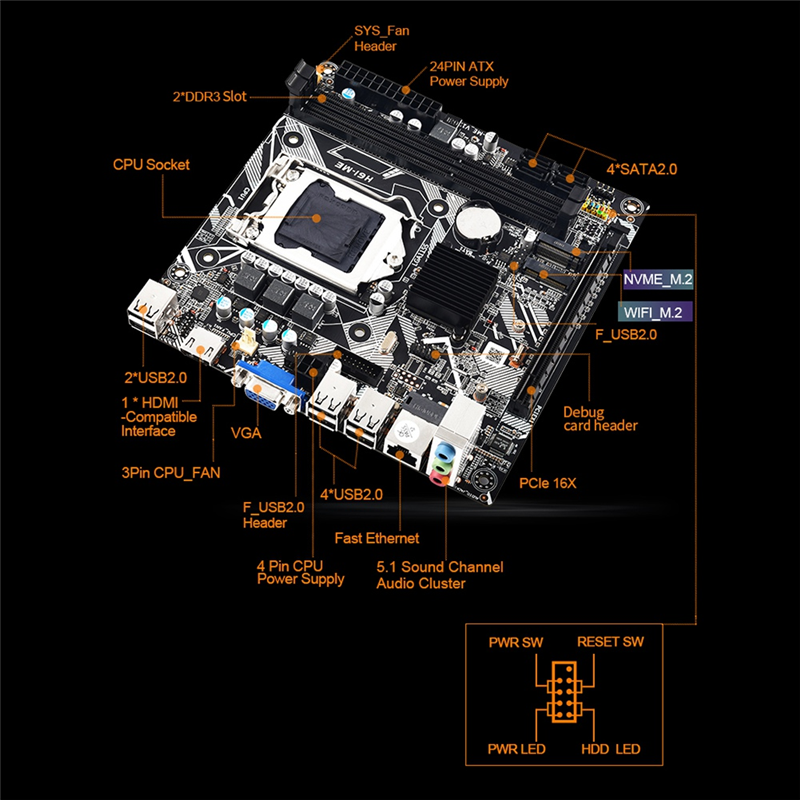 H61 Desktop Motherboard PCB Motherboard H61ME LGA1155 2XDDR3 Slots Up to 16G NVME M.2 WIFI M.2 PCI-E16X ITX H61-ME Computer Motherboard. 