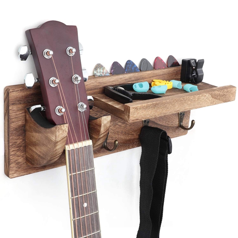 Guitar Wall Hanger Guitar Holder Wall Mount Bracket Hanger Guitar Wood Hanging with Pick Holder and 3 Hooks Carbonized. 