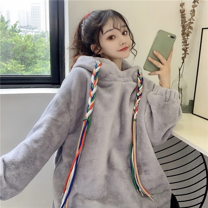 2024 Lambswool Hooded Sweatshirt Women's Autumn and Winter Thickened and Fleece Jacket Lazy Style Loose Korean Version Versatile. 