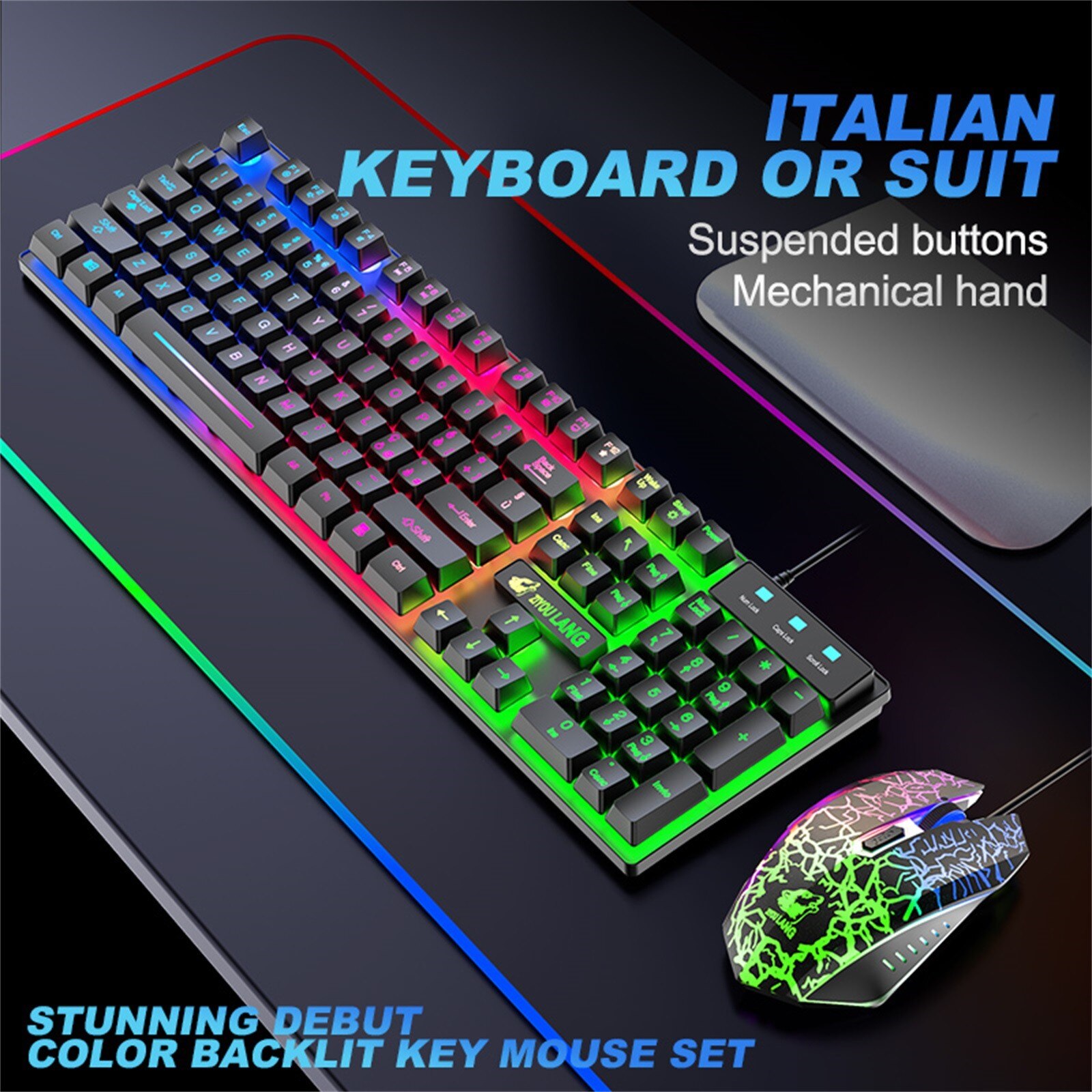 T13 Italian Layout Keyboard Mouse Set Rainbow Hybrid Light USB Wired Ergonomic 104Keys Gaming Keyboards Mice Teclado Mecánico. 