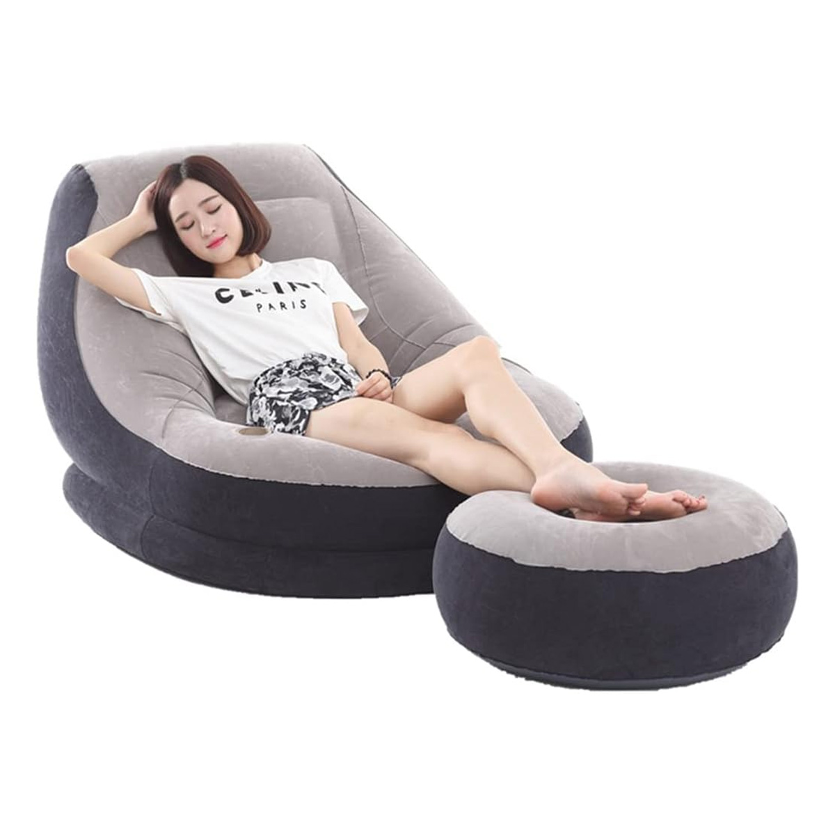 Lazy Bean Bag Air Chair With Footrest,Air sofa, single air sofa, bestway air sofa, index air sofa, portable air sofa, air sofa chair,bean bag sofa. 