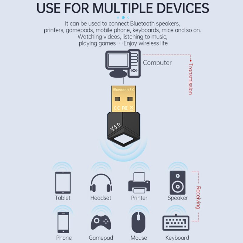 RTL8761B USB Dongle Bluetooth 5.0 Adapter Receiver Wireless Low Latency Music Mini Bluthooth Transmitter For PC/File Transfer. 