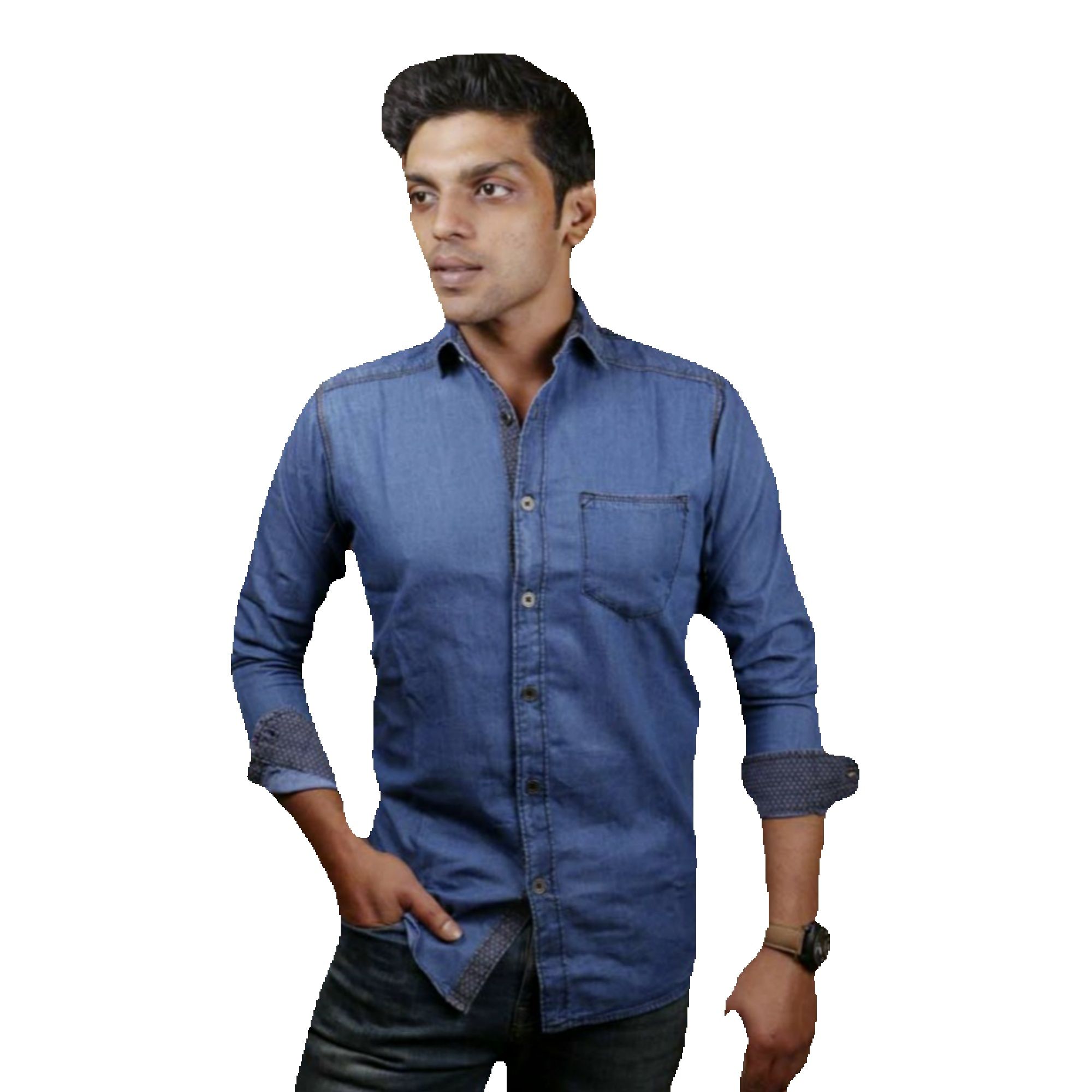 Slim-fit Soft Denim, Light Blue Solid-colour Long-sleeve Denim Shirt For Men's. - Shirt For Men. 