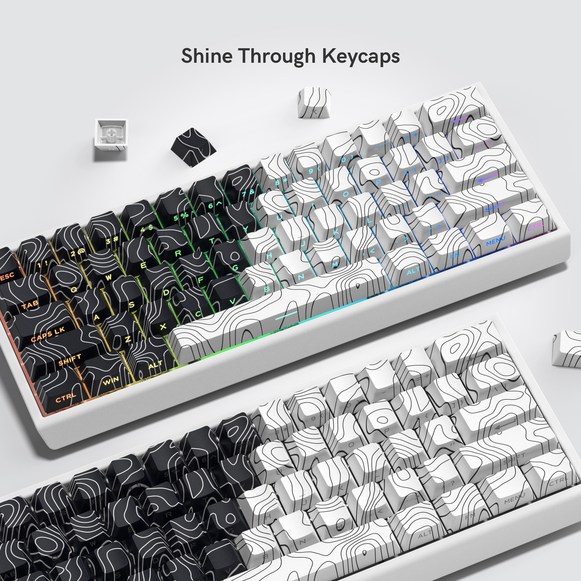 136 Keys Black White Topographic Side Print 5 Side Dye-Sub PBT Keycap Backlit Cherry Profile Key Cap For Mechanical Keyboard. 