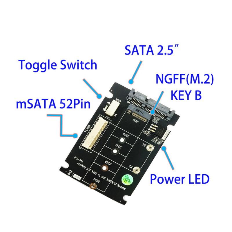 2 in 1 NGFF M.2 B+M Key Mini PCI-E or mSATA SSD to SATA III Adapter Card for full msata SSD/ 2230/2242/2260/22x80 M2. 