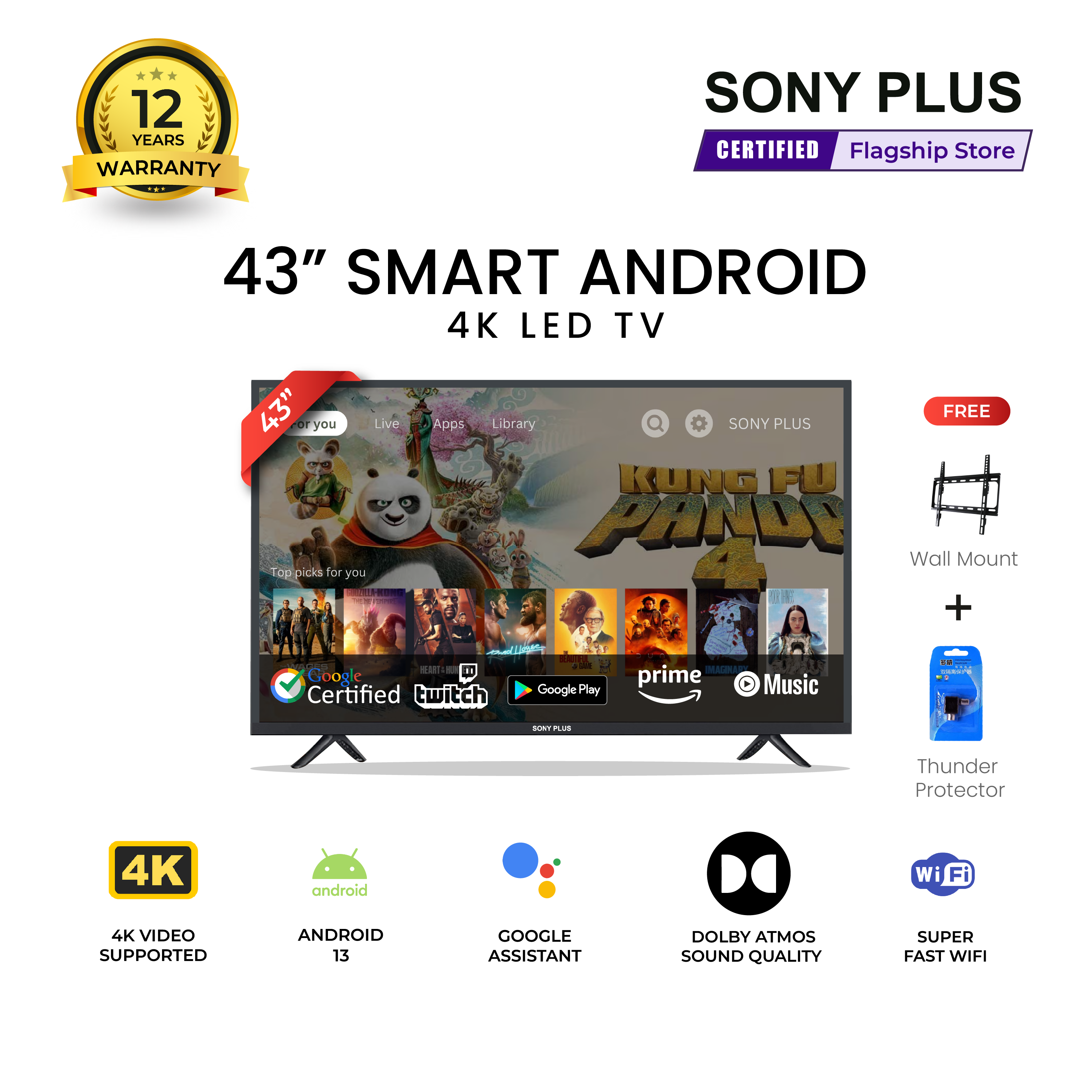 Sony Plus 43 inch Smart LED TV Wi-Fi Full HD 4K Supported Android Television