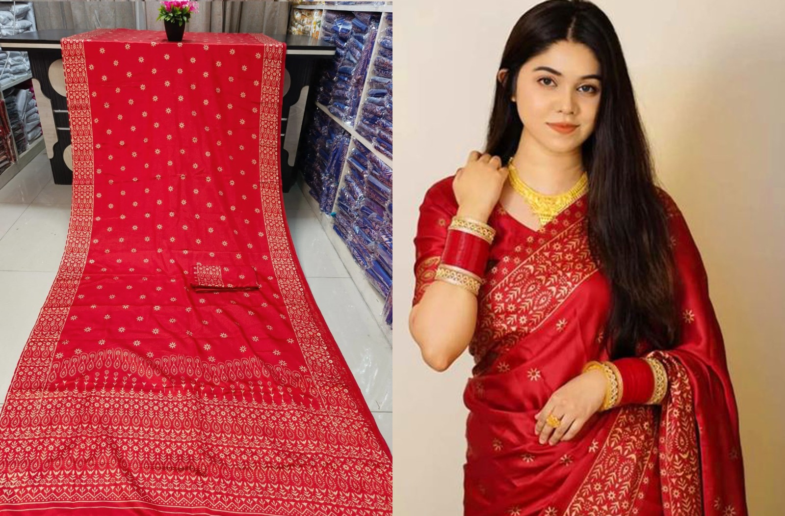 Durga pujar Japanese Soft Silk Sari with Blouse Piece for Women. 