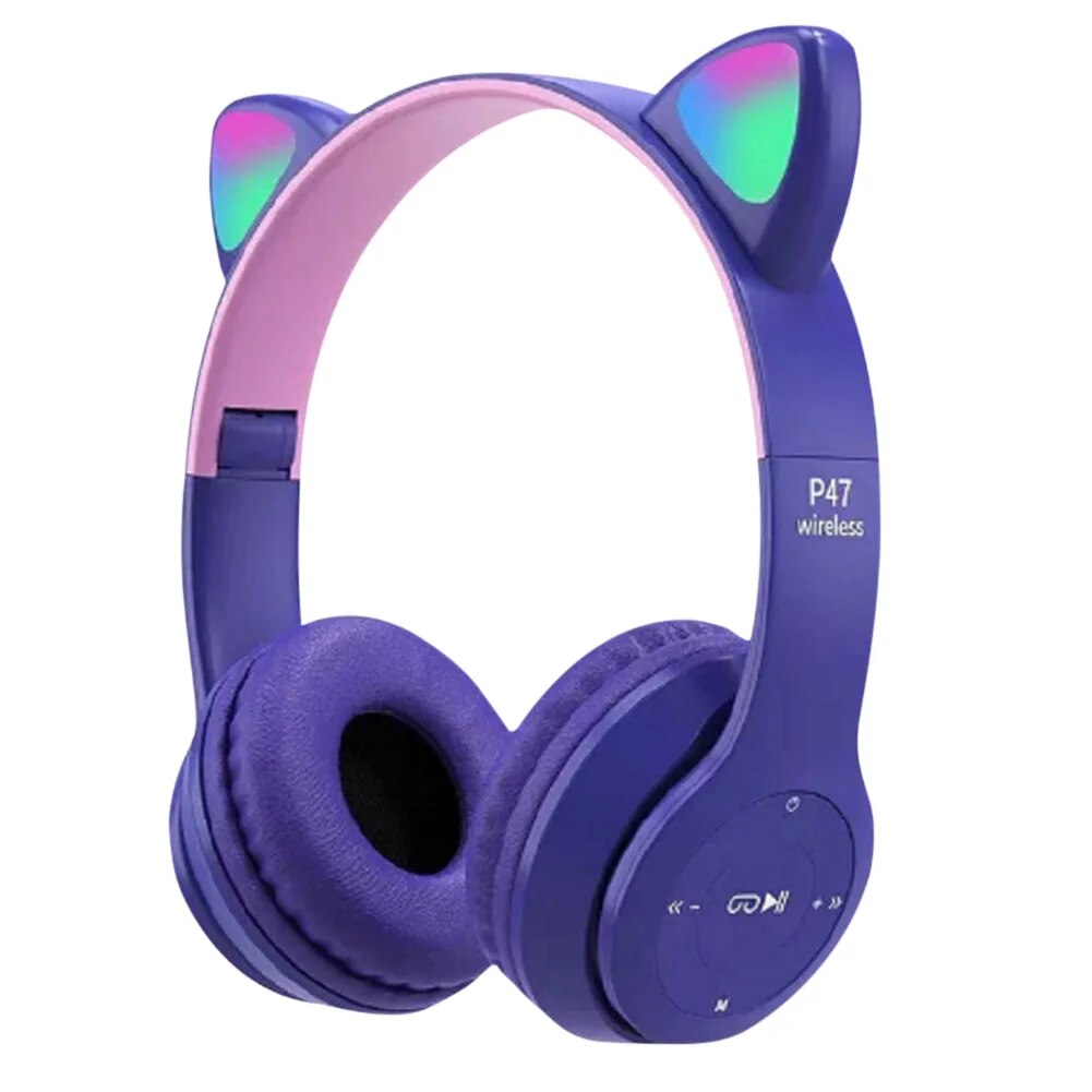 Wireless Bluetooth Headphones Cute Cat Ear Gaming Headset with LED Flash Light Helmets Stereo Bass Music Headsets For Girl Gifts