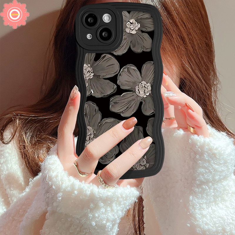 For Vivo Y02 Y36 Y15s Y20 Y91C Y11 Y22 Y21 Y12s Y16 Y91 Y17 Y21s Y30 Y35 Y02s Y15 Y15A V25E V20 Y12 V21 V25 Y33s Y22s Y50 Y93 Y12i Fashion Retro Art Flowers Soft Wavy Edge Black Case. 