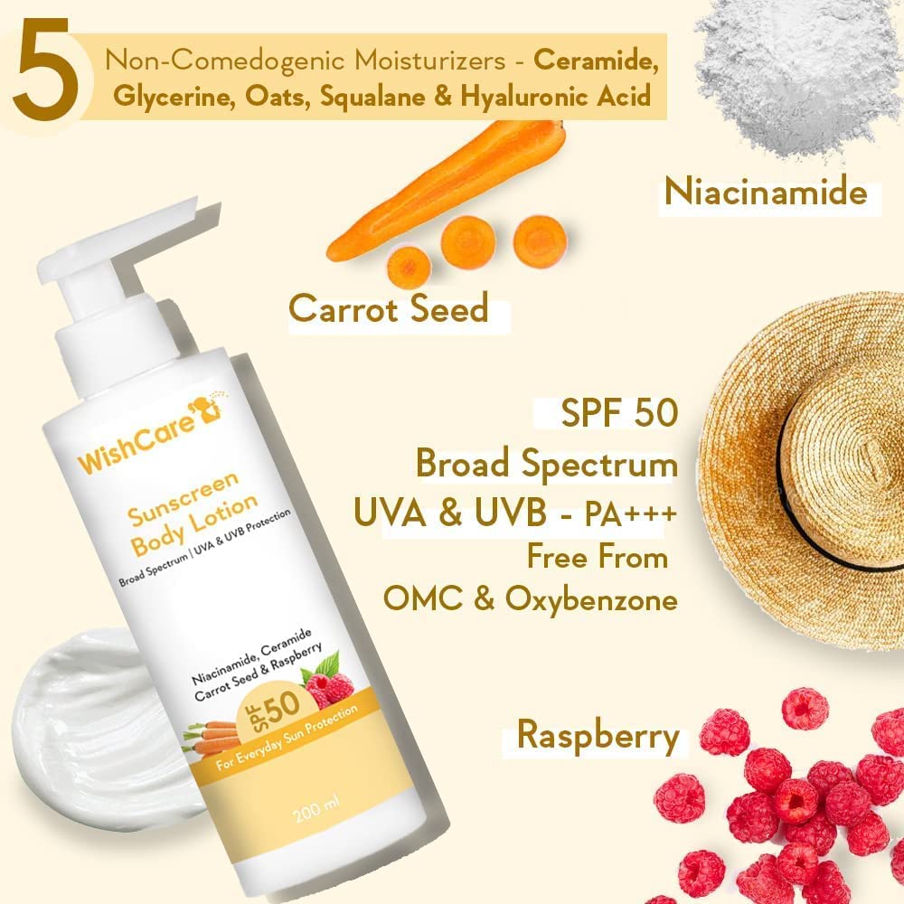 WishCare SPF50 Sunscreen Body Lotion - Broad Spectrum - UVA & UVB Protection with No White Cast - With Carrot Seed & Raspberry - For Men & Women - 200 Ml. 
