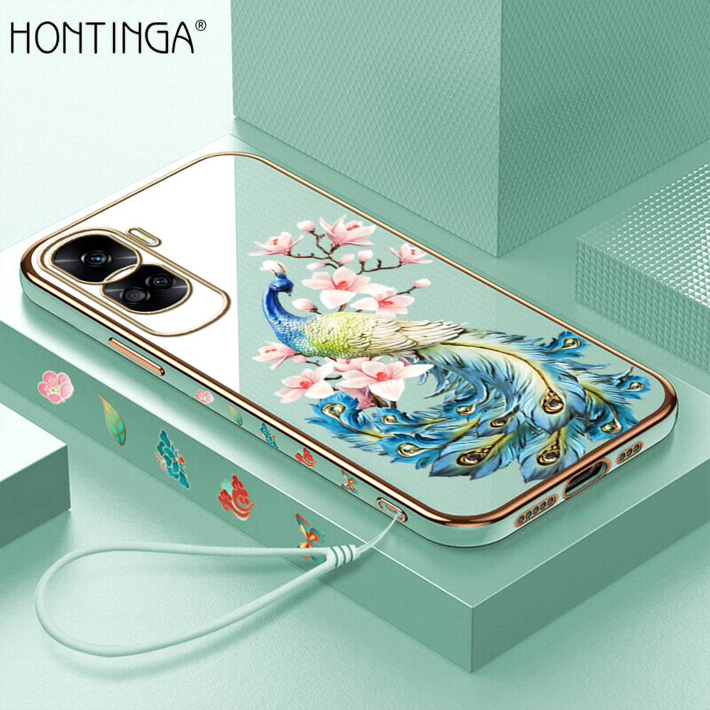 Hontinga for Honor 90 Lite 5G Back Cover With Free Strap Luxury 6D Plating Cartoon Peacock Side Pattern Case Soft Silicone Square Mobile Cover