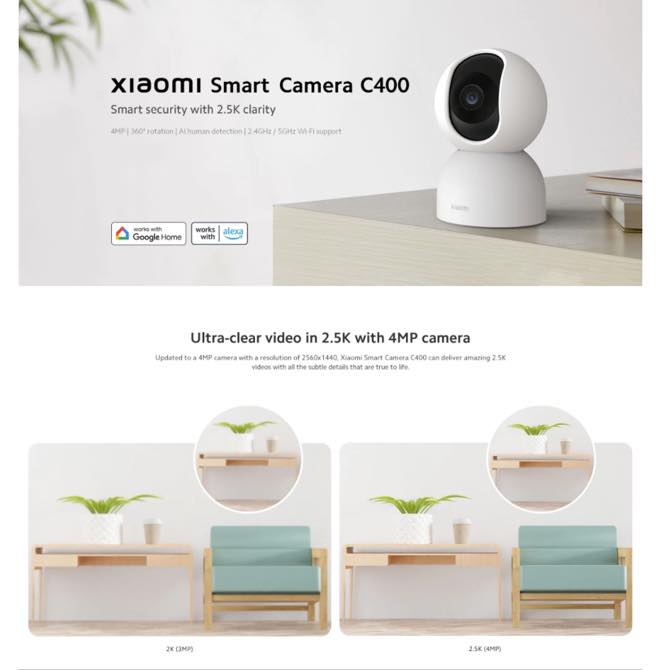 Xiaomi C400 360 Degree 2.5K (4.0MP) White Smart Home Security Wi-Fi Dome IP Camera #MJSXJ11CM (without Adapter). 