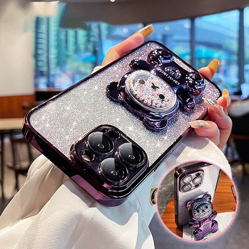 For OnePlus Nord CE 2 5G / Nord CE 2 Lite 5G Back Cover case with Gradient 3D Bear Folding Stand Bracket Luxury Slim 6D Plating Glitter Girls Phone Case Clear Soft Silicone Protective Cases Pouch. 