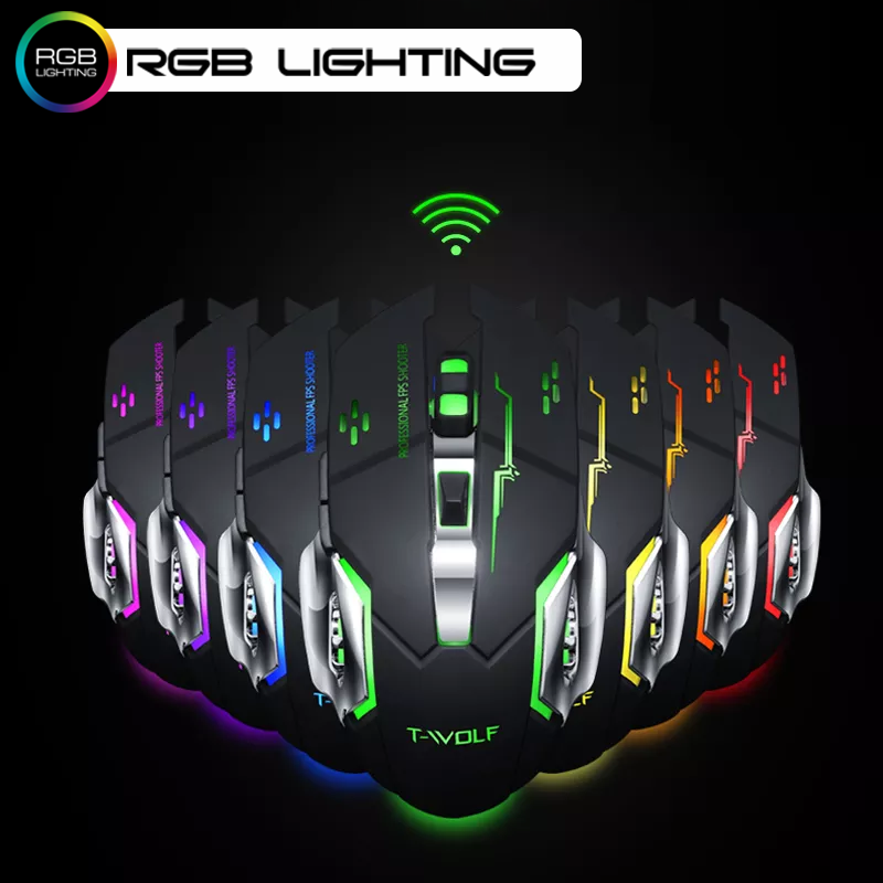 Wireless Mouse With RGB Light Rechargeable Wireless Gaming Mouse T-Wolf Q13 Computer Mouse Laptop PC OTG Gaming Design Modern Wireless Mouse In BD. 