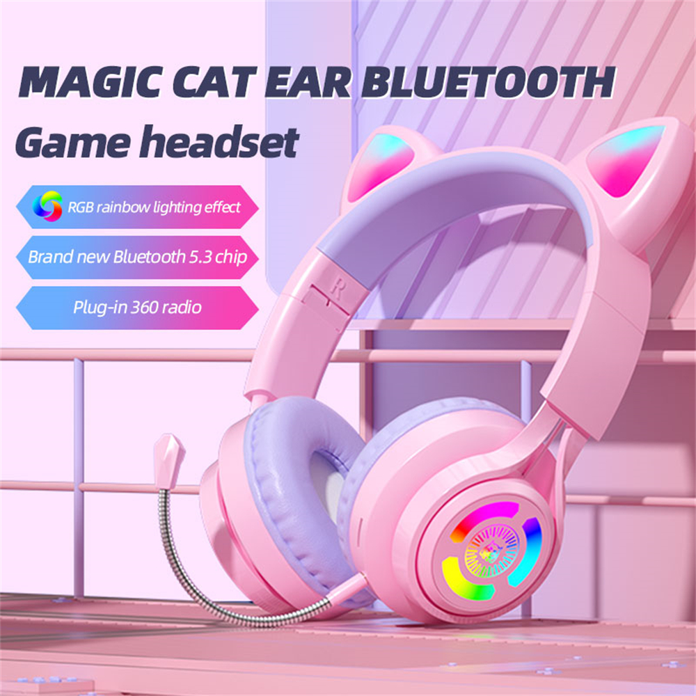Bluetooth Game Headsets with Microphone 3.5mm Audio Line Cat Helmet Wireless Hands Free Ear Music Game Headset Flash LED Light