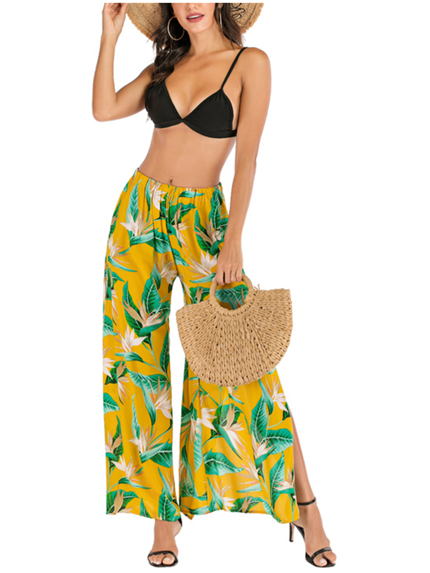 Women Tropical Print Wide Leg Pants 