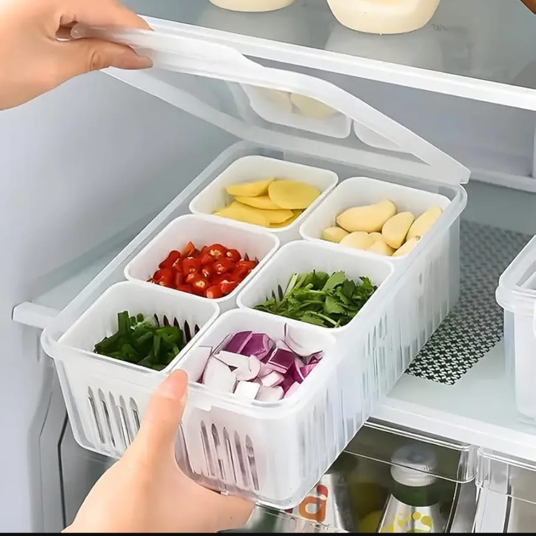 Fridge Storage Box, 6 Grid Refrigerator Storage Containers, Kitchen Storage Set, Vegetable Storage, Draining Crisper Food Box. 
