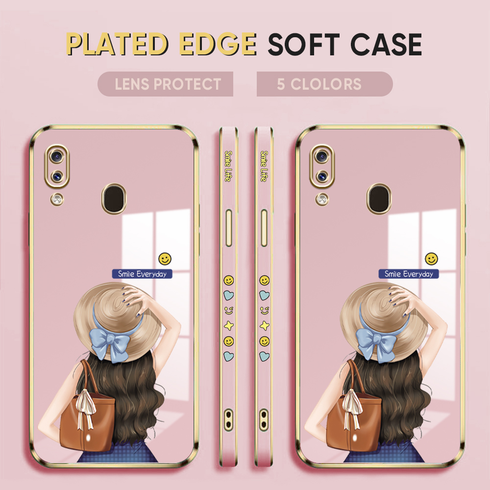Luxury 6D Plating Case for Samsung Galaxy A20 A30 Back Cover Cartoon Hat Girl Side Pattern Soft Silicone Square Phone Cases. 