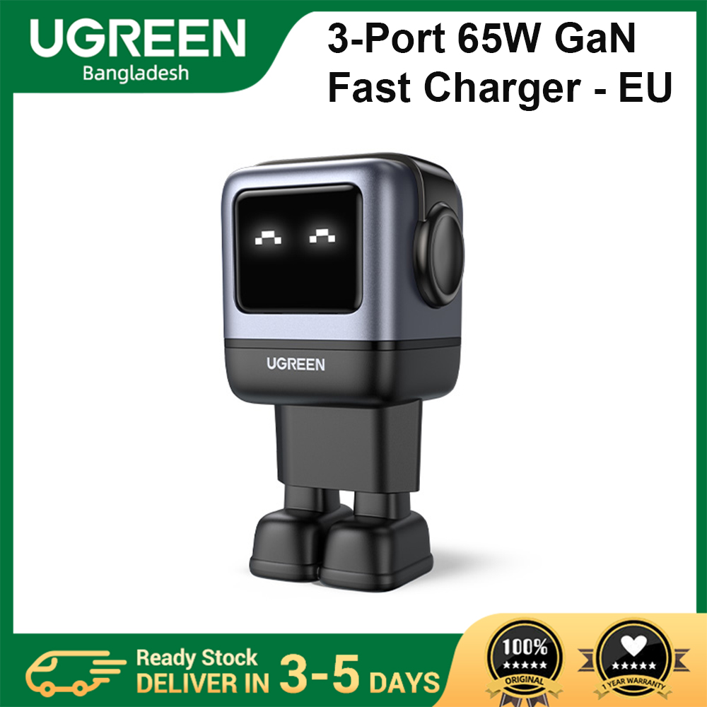 UGREEN Nexode RG CD361 3-Port 65W GaN Fast Charger - EU - Black/Purple/Pink Blue - UGREEN RobotGaN Fast Charger - 2x USB C ports, 1x USB A port - Plug Standard: EU - Broad Compatibility - Robot Charger