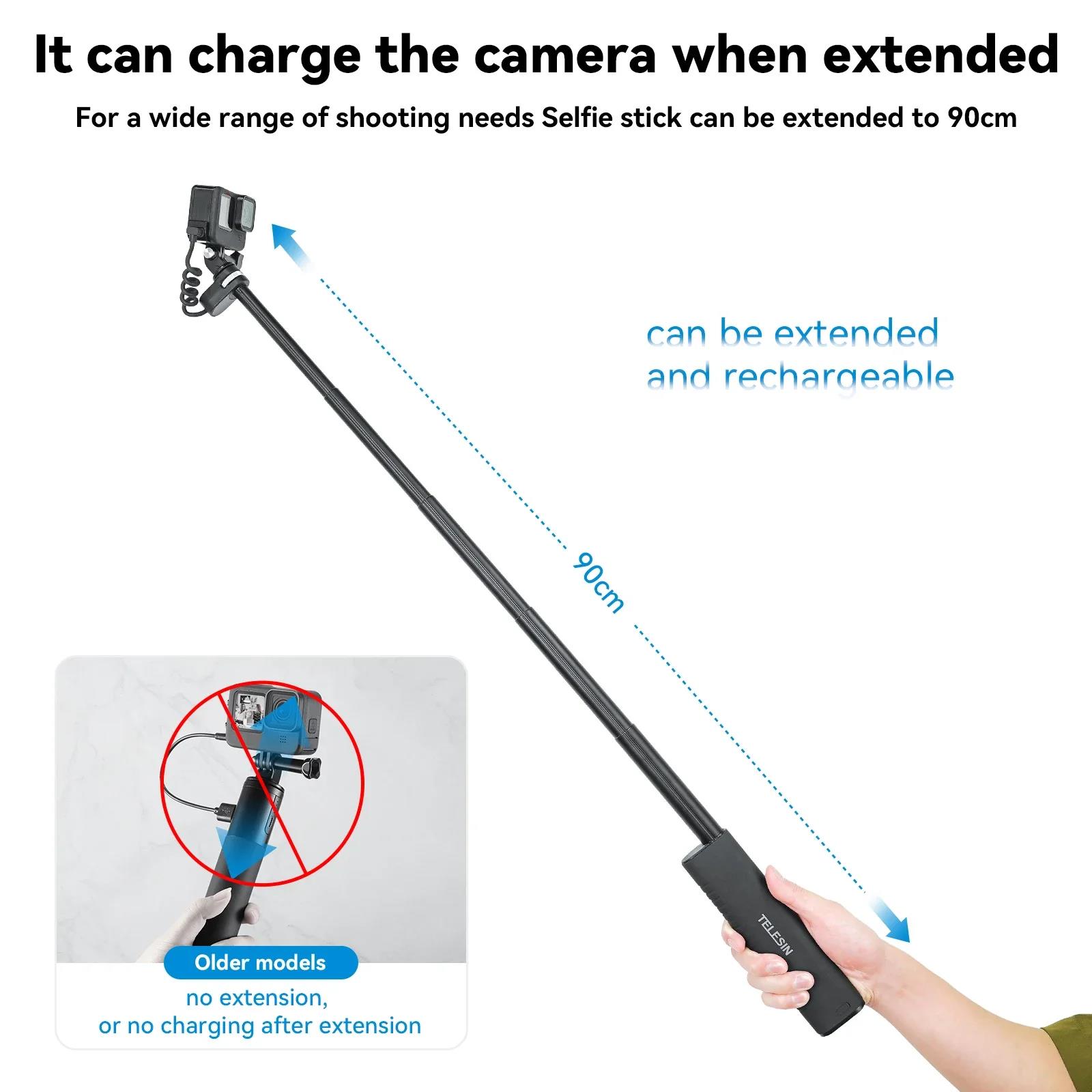 TELESIN Rechargeable Selfie Stick for Gopro Hero 13 12 11 10 9 DJI OSMO Action 4 3 Insta360 Phone High-Capacity Battery HandGrip. 