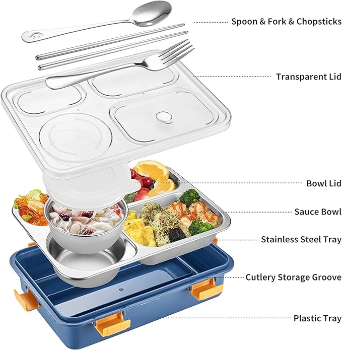 Brand Conquer Lunch Boxes for Adults - Lunch Box for Kids with Spoon & Fork - Durable Perfect Size for On-The-Go Meal, BPA-Free and Food 4 Compartment Stainless Steel (Random Color). 