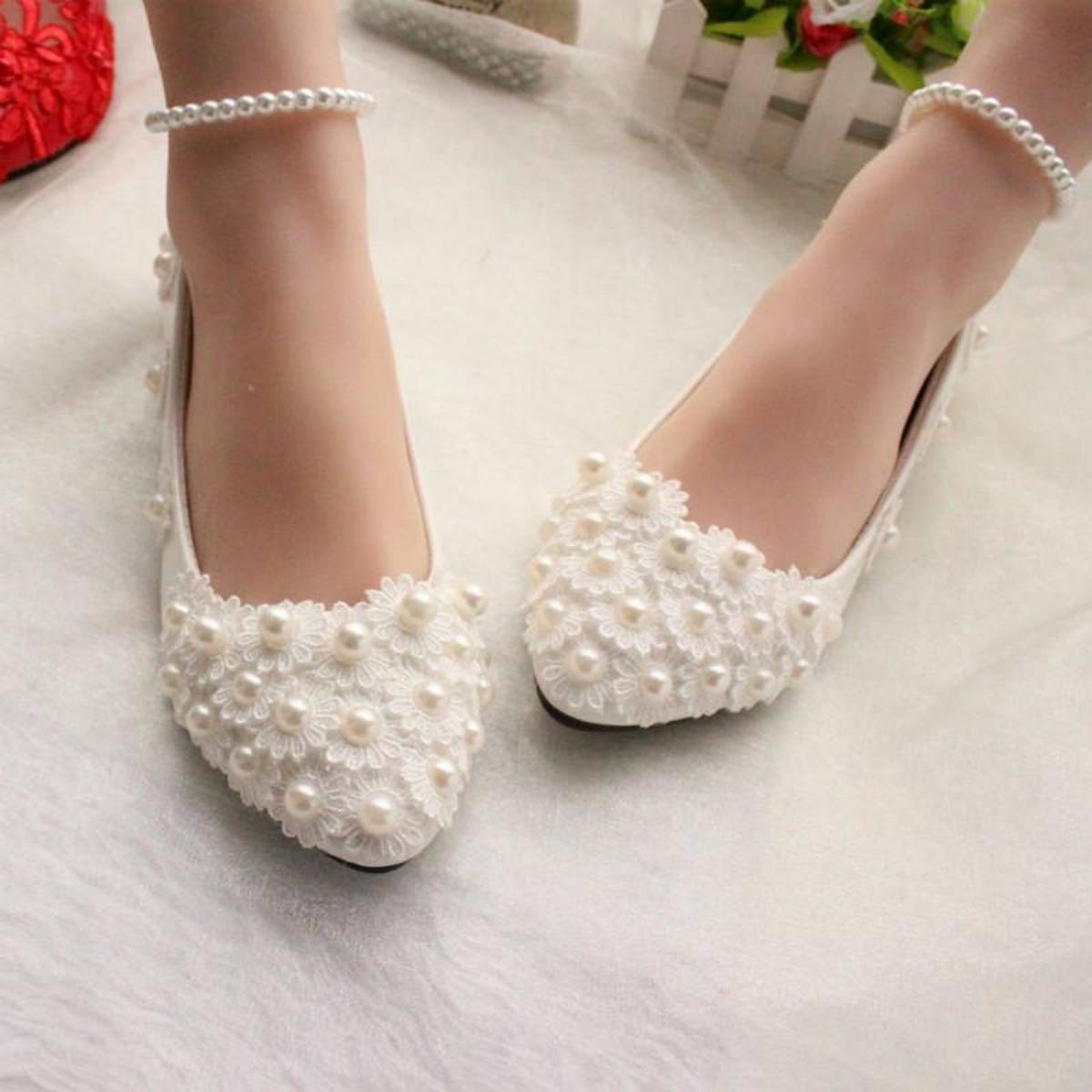 New FLAT Women White Lace Wedding Shoes 