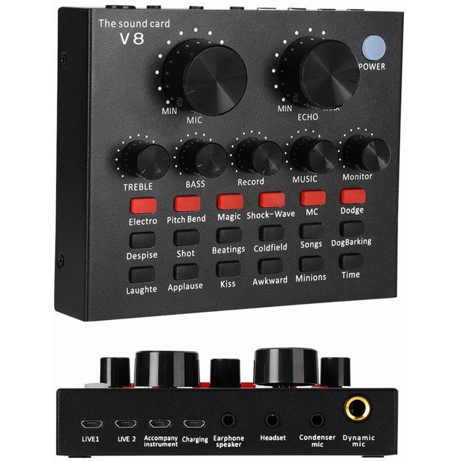 Live Sound Card V8 Voice Changer Dual DSP Noise Reduction Chip Audio Mixer Multiple Funny Effects For Phone Computer Game iPad Karaoke Streamer Recording. 
