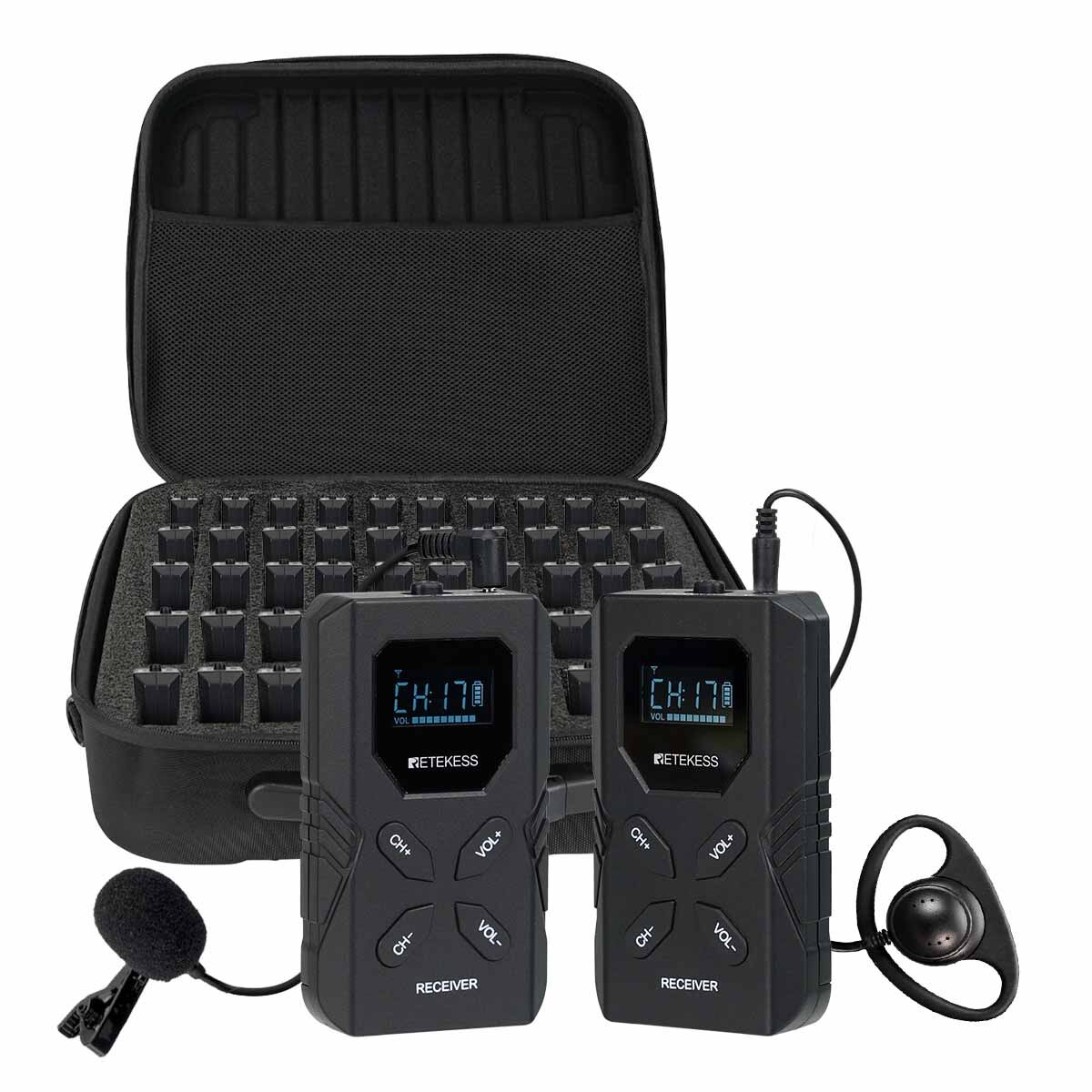 Retekess TT117 Wireless Tour Guide System, Simultaneous Interpretation System, One Click Operation, Church Translation System for Factory, Tour Group(2 Transmitter 48 Receiver 1 Storage Bag). 