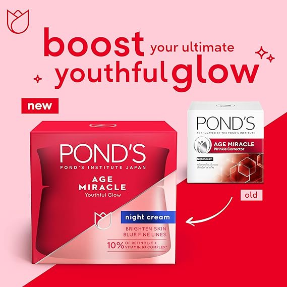 POND'S Age Miracle Night Face Cream, With Vitamin B3 and 10% Retinol C, Youthful Glow, 24 hour wrinkle correcting glow - 50g. 