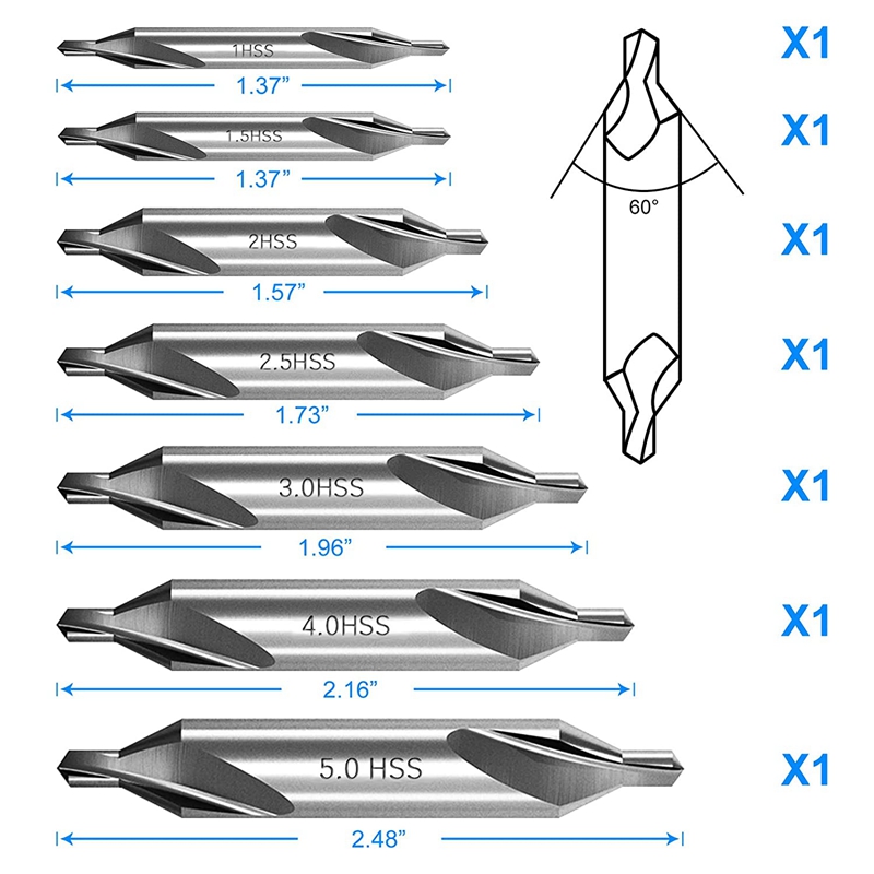 7 Pcs Center Drill Bits Set 60-Degree Angle Center Drill Bits Kit Countersink Tools for Lathe Metalworking. 