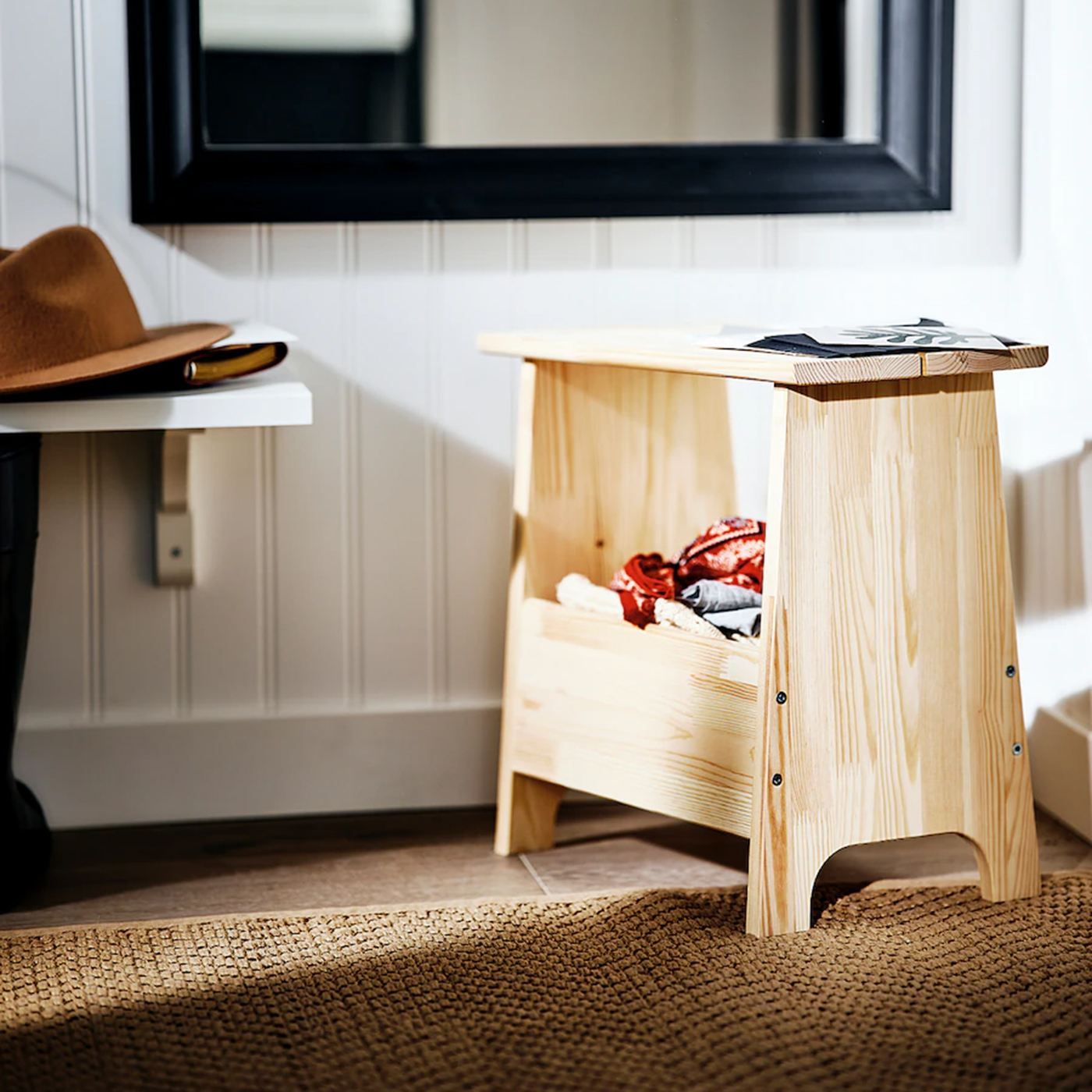 PERJOHAN Stool with storage, pine Melamine Laminated Board (Standard Size). 