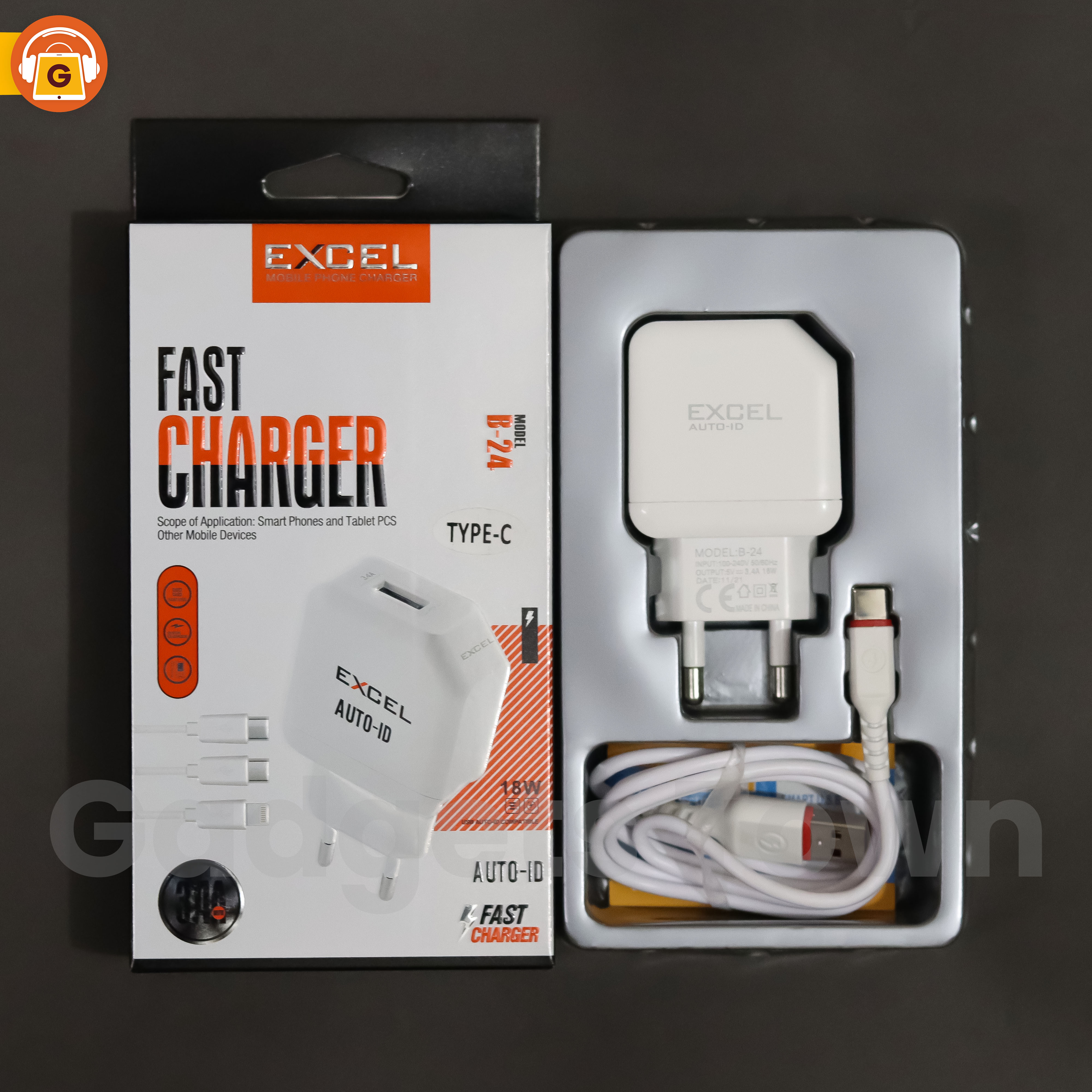 Excel B-24 Fast Travel Charger Adapter | 3.4A (18W) Auto-Id Fast Charger Compatible With Smartphones, Tablet Pcs And Other Mobile Devices  Type- C | Batter Then Vivo, Oppo, Realme, Infinix Phone Charger - Charger. 