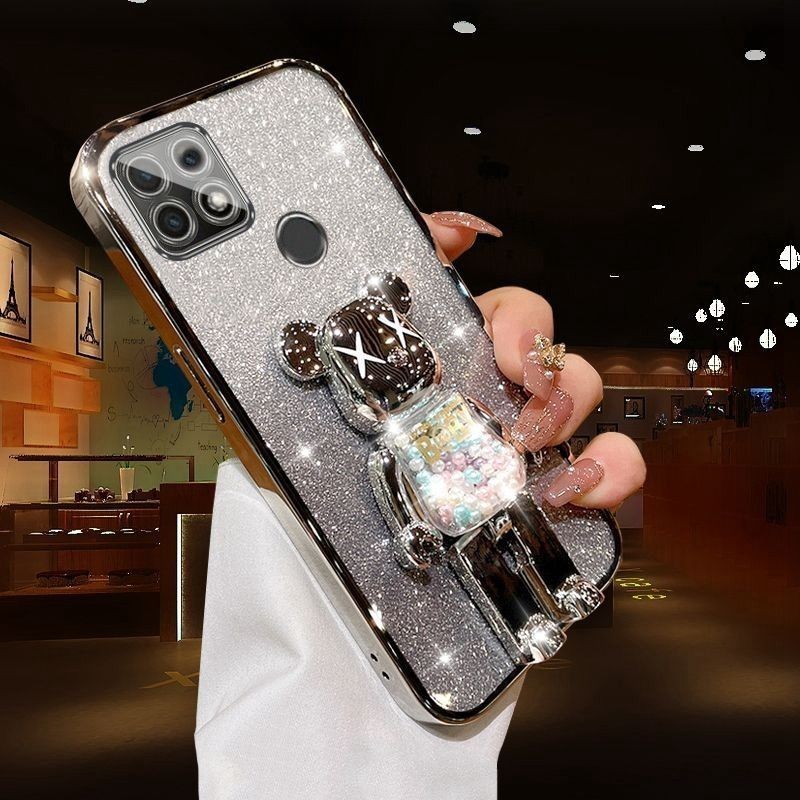 For OPPO A15s A15 Casing case with Cartoon 3D Bear Stand Luxury Slim Gradient Plating Glitter Girls Stylish Back Cover Clear Soft Silicone Protective Cases Pouch