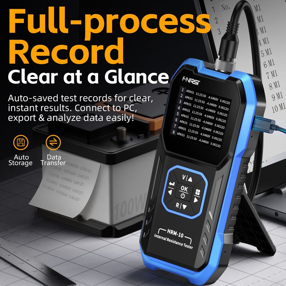 HRM-10 Portable Versatile 4-Wire Battery Tester Accurate Internal Resistance Voltage Measurement Device TFT Display with Sorting Data Hold and Export Functions for Various Battery Types. 