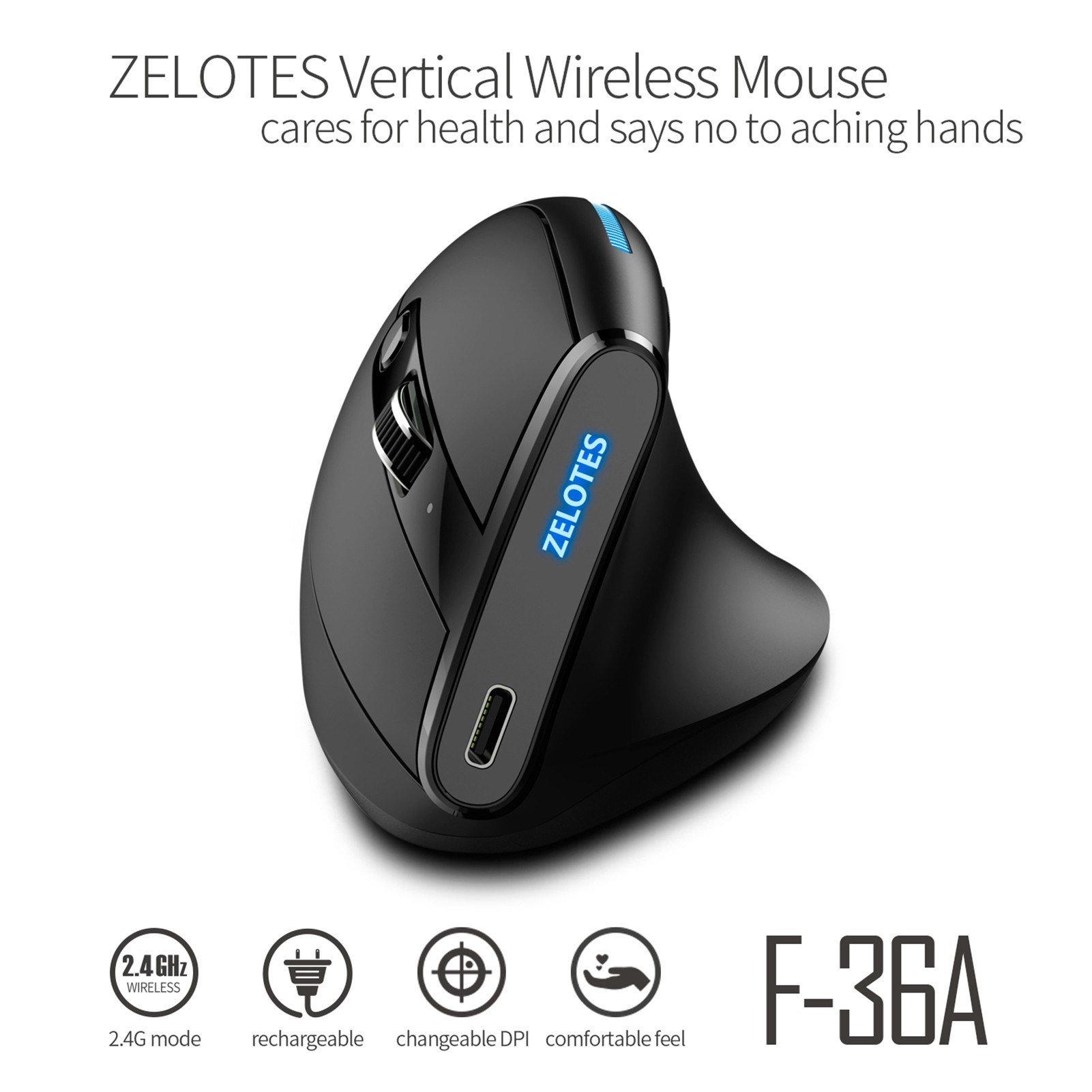 ZELOTES F-36A 2.4G Wireless Mouse Charging Blu-ray 6-button Optical Mouse 3 Level DPI Black