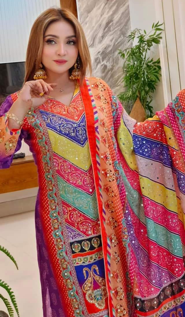 Two Tone Printed charmeuse Silk Shalwar Kameez 3 Pcs Unstitched Dress