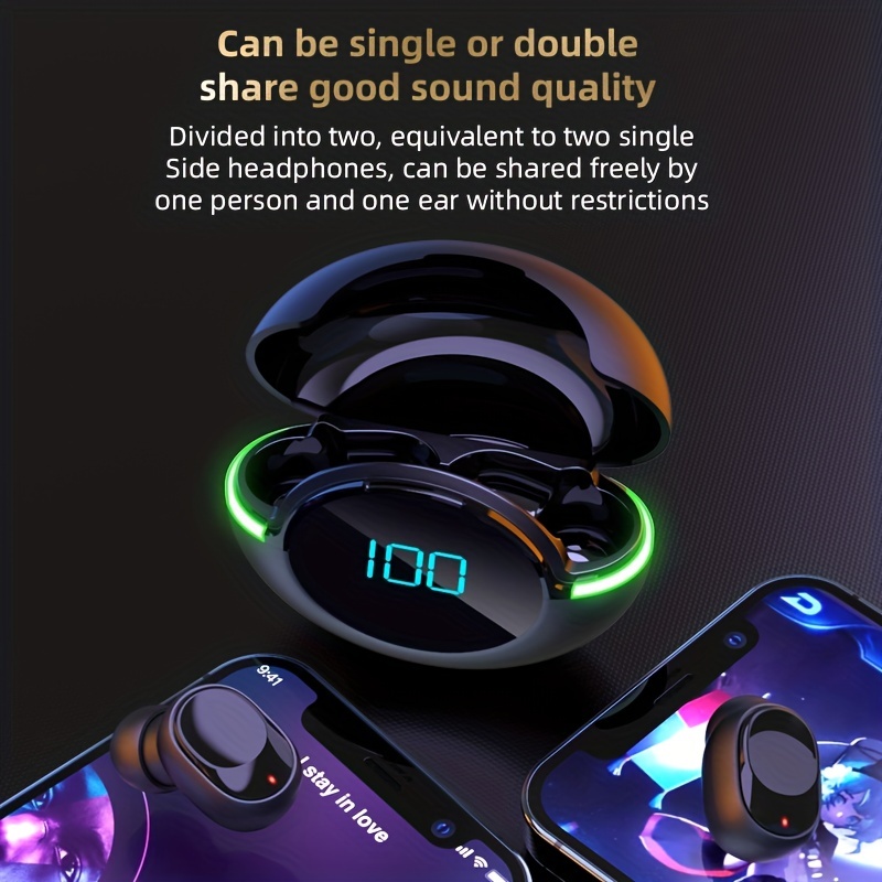 TWS V5.1 True Wireless Stereo Earbuds: Ergonomic Design, Low Latency, Battery Capacity Display, Gaming Hands-Free, Waterproof IPX4, RGB Light. 