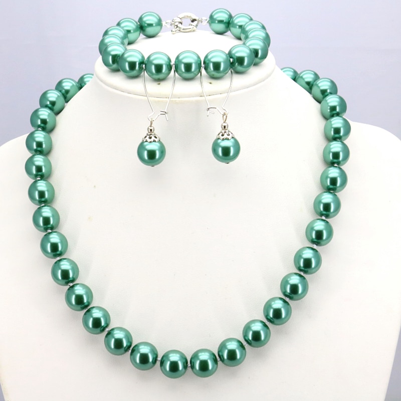 Green Pearl Necklace Set 12mm Necklace 