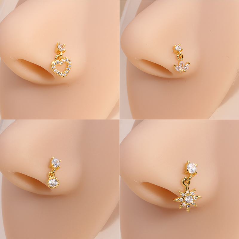 Dangle Nose Ring Ball Pin Shaped Dangling Nose Stud Heart Shape Indian Nose Piercing Jewelry with Charm