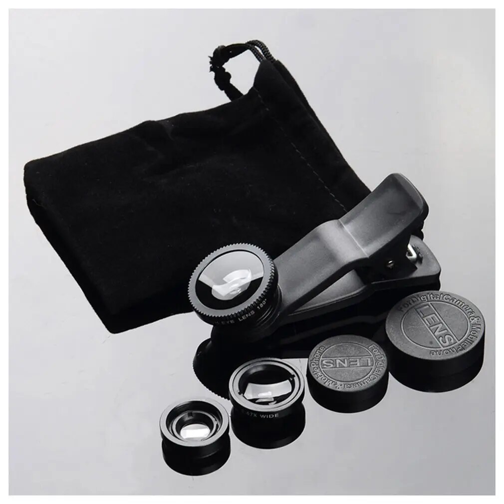 Mobile Phone Camera Lens Kit Fish Eye Lens 2 in1 Macro Lens Super Wide Angle Lens with Black Universal Phone Clip