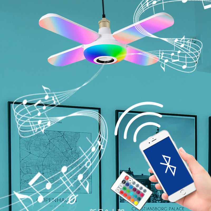 LED Four-leaf Bluetooth Music Lamp Colorful Intelligent Audio Folding Bulb Lamp+Remote Control Deformable Ceiling Fixture Lights. 