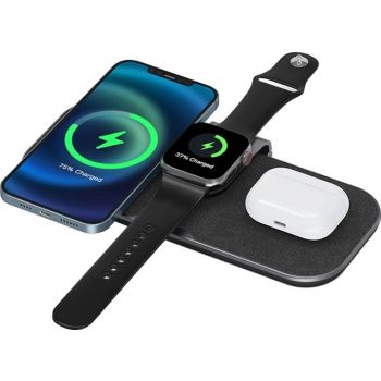 WiWU Power Air 15W 3-in-1 Wireless Charger (PA3in1b) with QC3.0 & PD 30W – Black