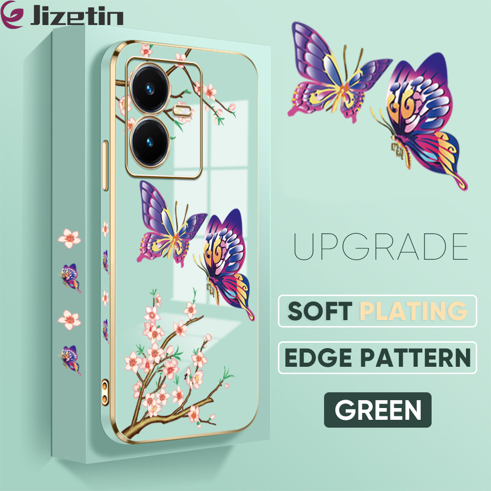 Jizetin (Free Lanyard) for Vivo Y22 / Y22S Back Cover Peach Blossom and Butterfly Luxury 6D Plating Case Side Pattern Soft Silicone Square Mobile Phone Cases